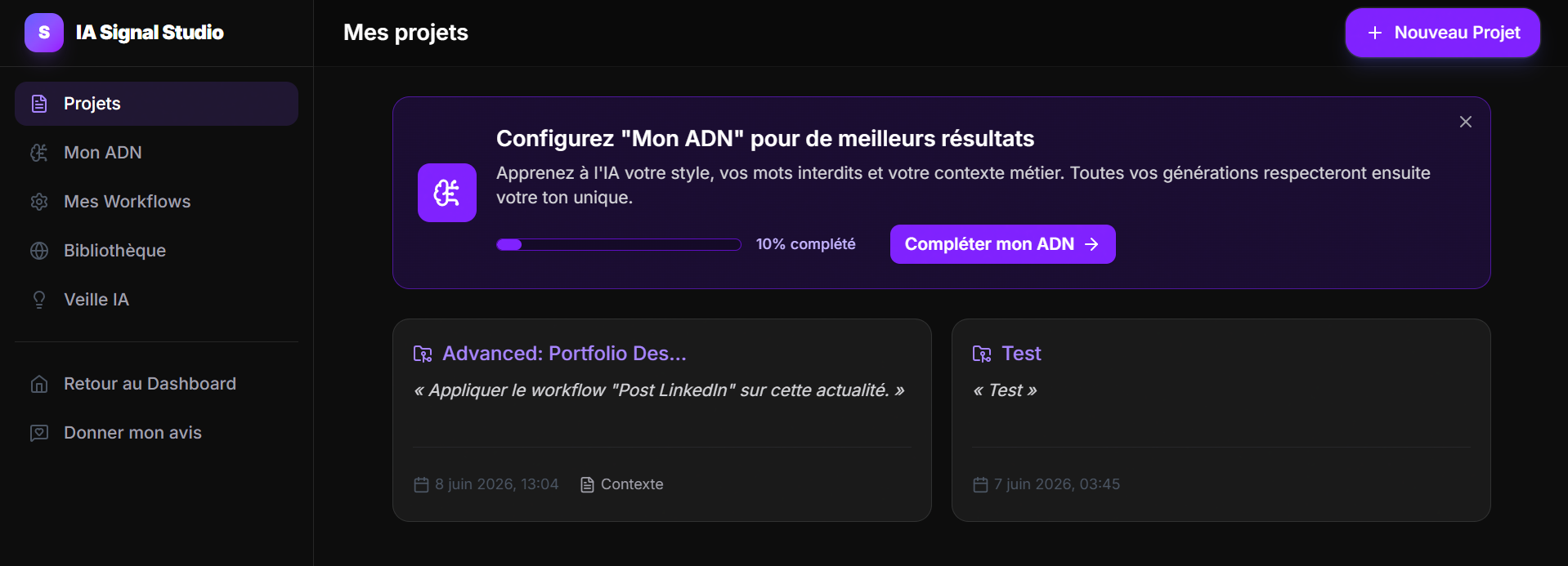 Tableau de bord des projets de Fréquence